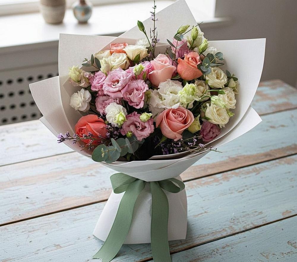 Букет цветов из: Розы, Лизиантусы и Гвоздики в Жуково