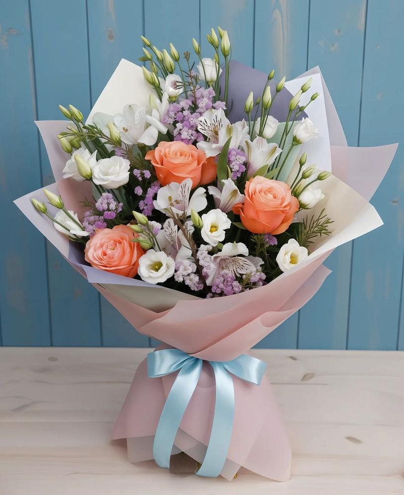 Букет цветов из: Лизиантусы, Розы, Альстромерии и Гипсофила в Жуково