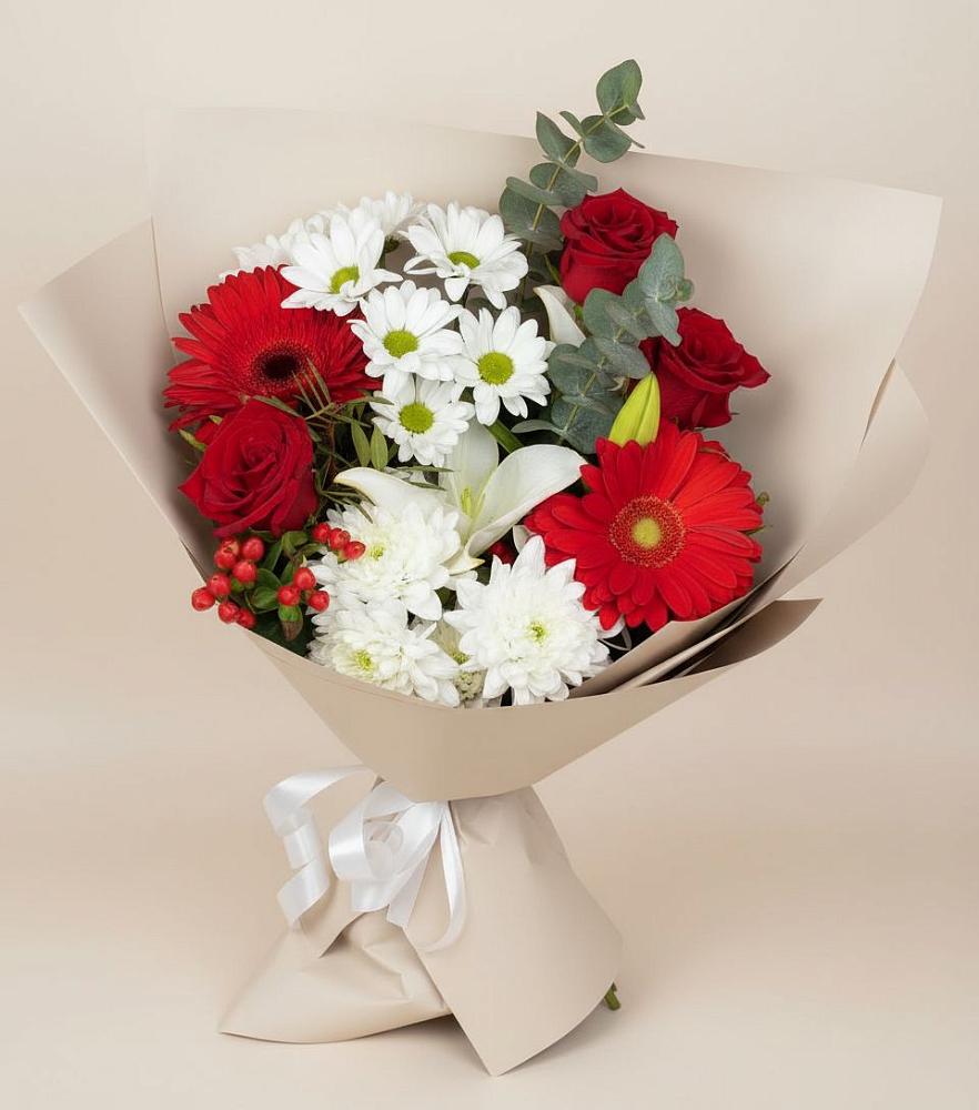 Букет цветов из: Розы, Хризантемы, Герберы и Лилии в Жуково