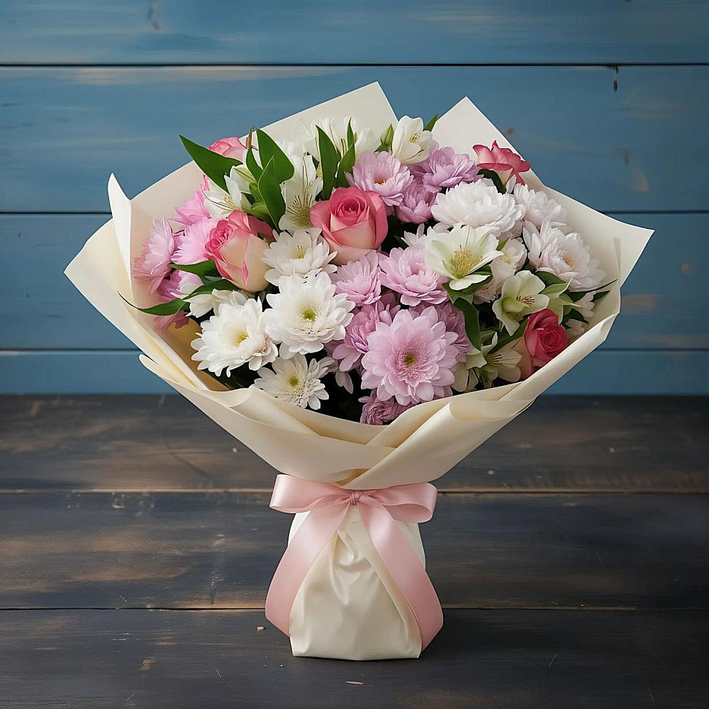 Букет цветов из: Хризантемы, Альстромерии и Розы в Жуково